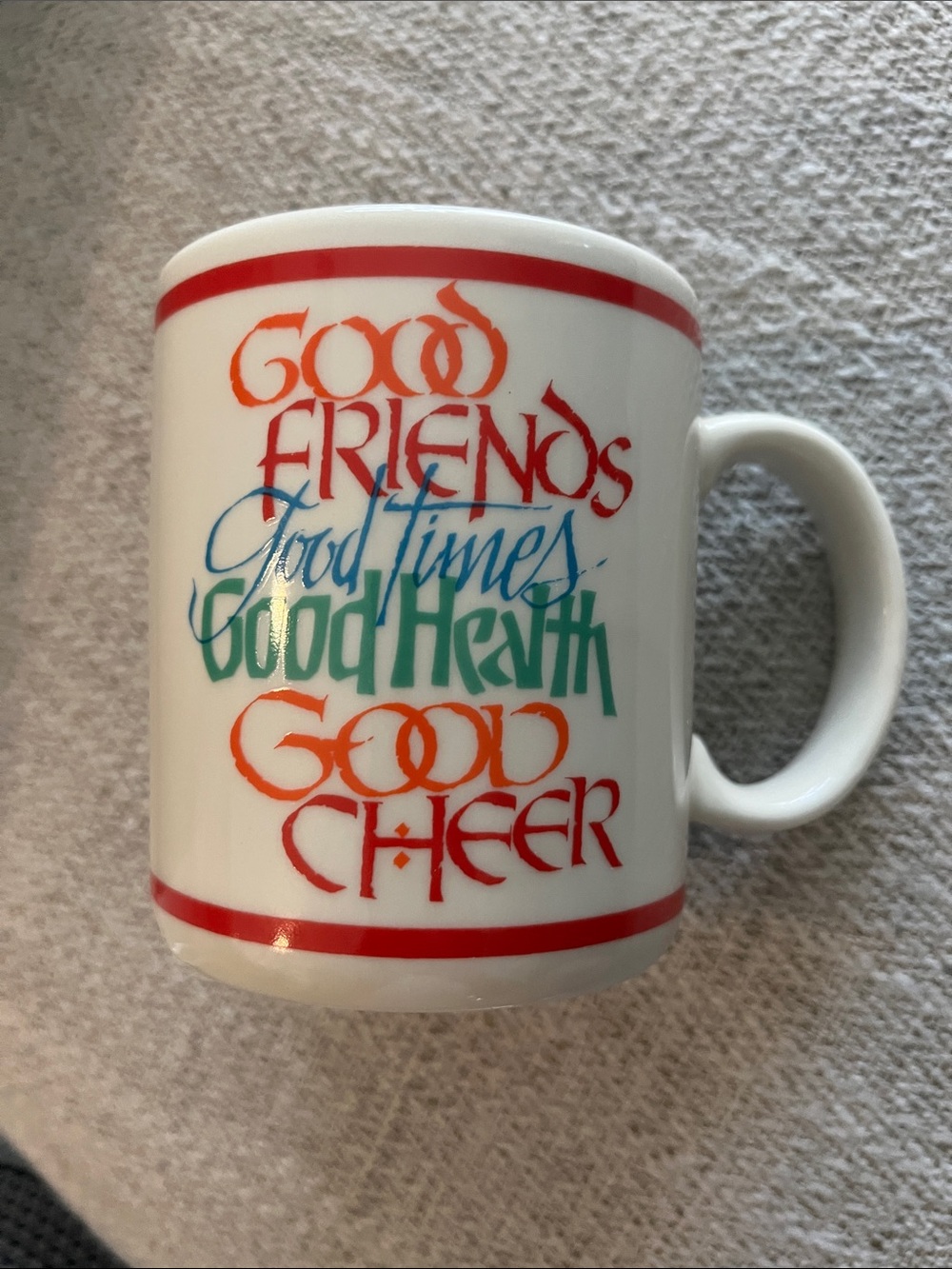 ViTG Hallmark 80’s coffee cocoa mug Good Friends Times Health Cheer sentiment